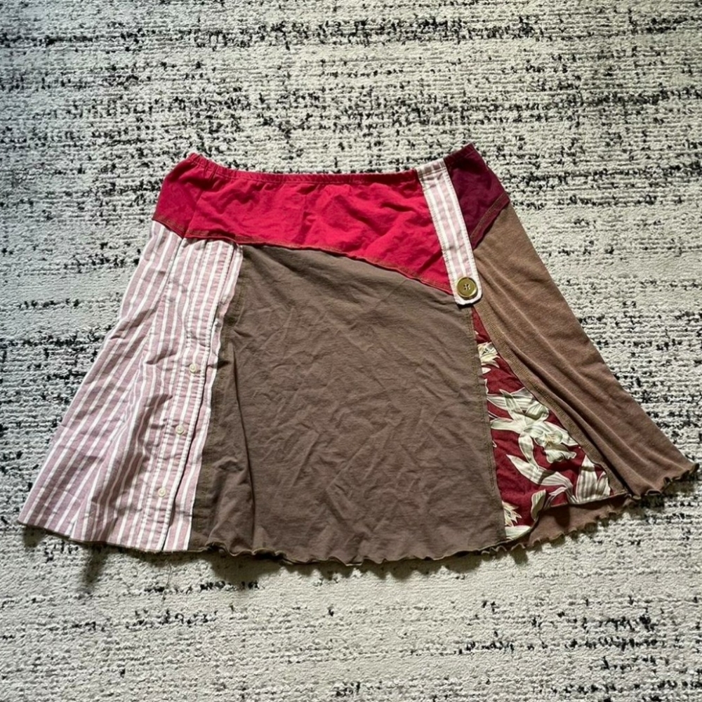 ✨Y2K ELIZABETHAN PATCHWORK PRINT MINI-MIDI SKIRT LETTUCE HEM BROWN FALL SKIRT L✨